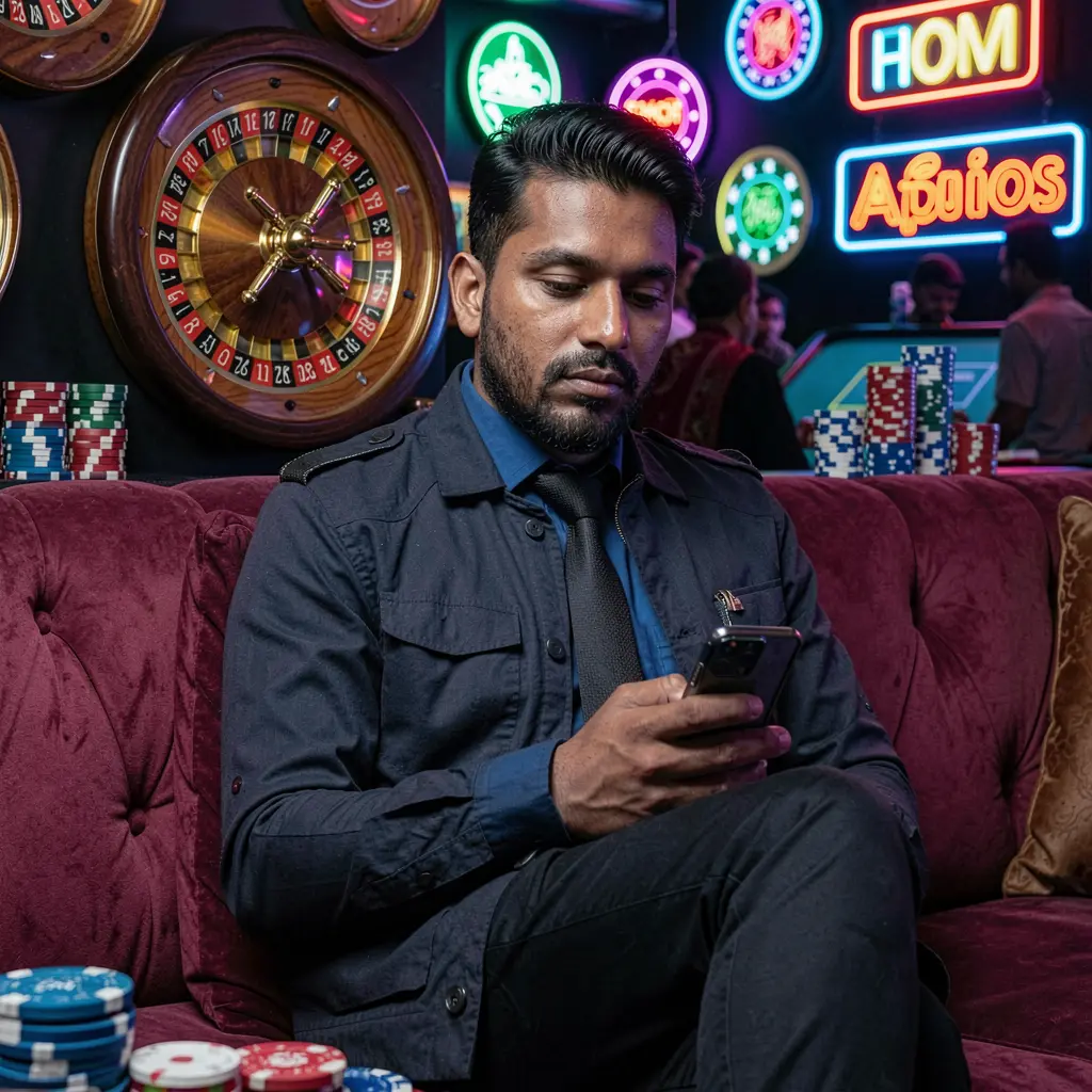 Focused Bangladeshi player using the QQ777 mobile casino app on a sofa surrounded by glowing roulette wheels poker chips and neon casino visuals