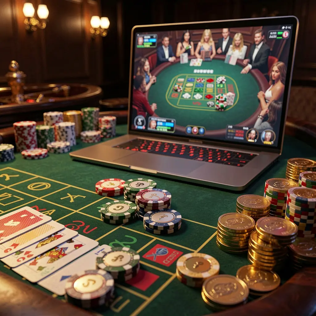 Close up view of a luxury roulette wheel with stacked casino chips and a digital interface highlighting the premium online casino experience at QQ777