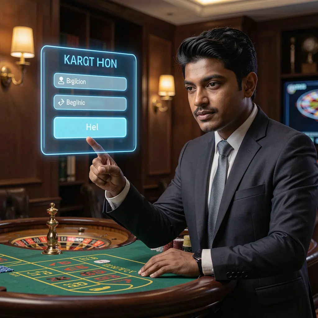 Confident casino host pointing at a glowing holographic login panel above a roulette table highlighting secure access at QQ777 in Bangladesh