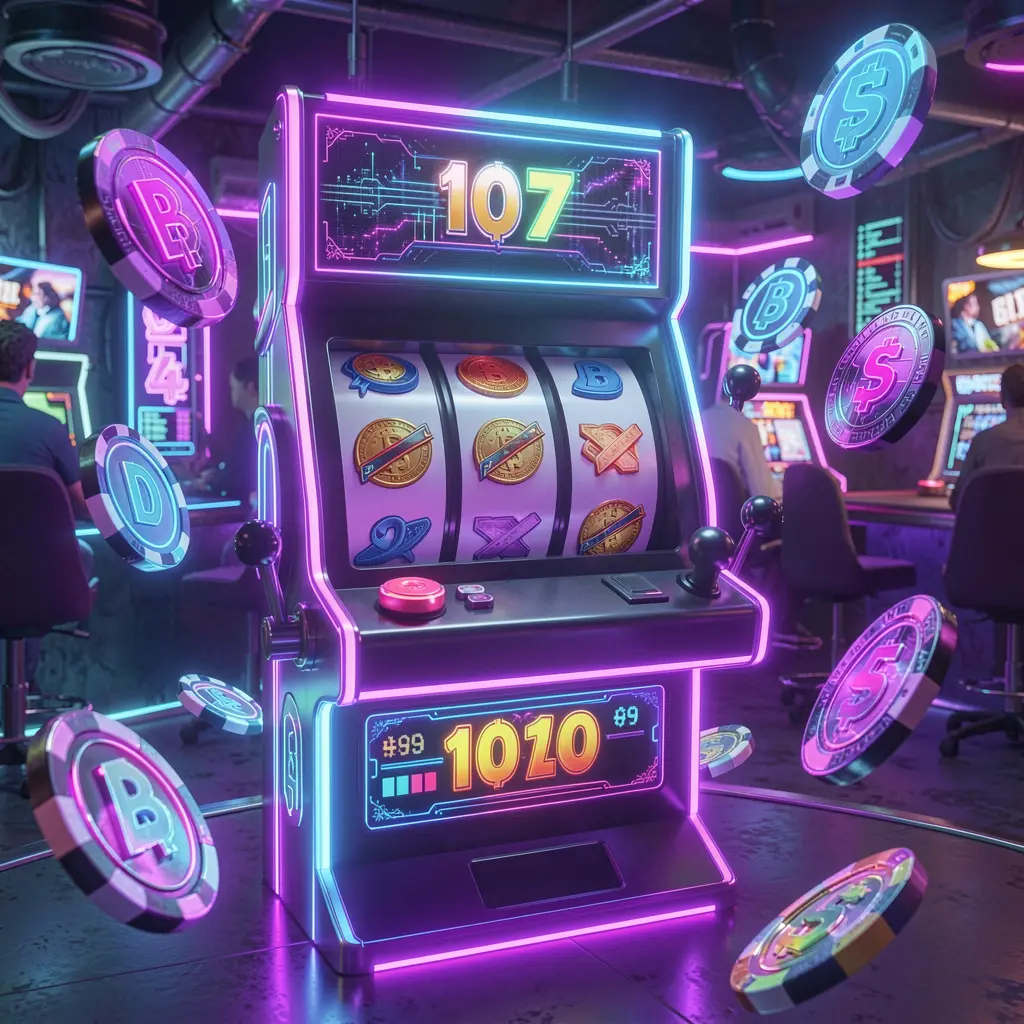 Futuristic slot machine with glowing reels and flying digital coins showcasing the high energy slot experience at QQ777 casino for players in Bangladesh